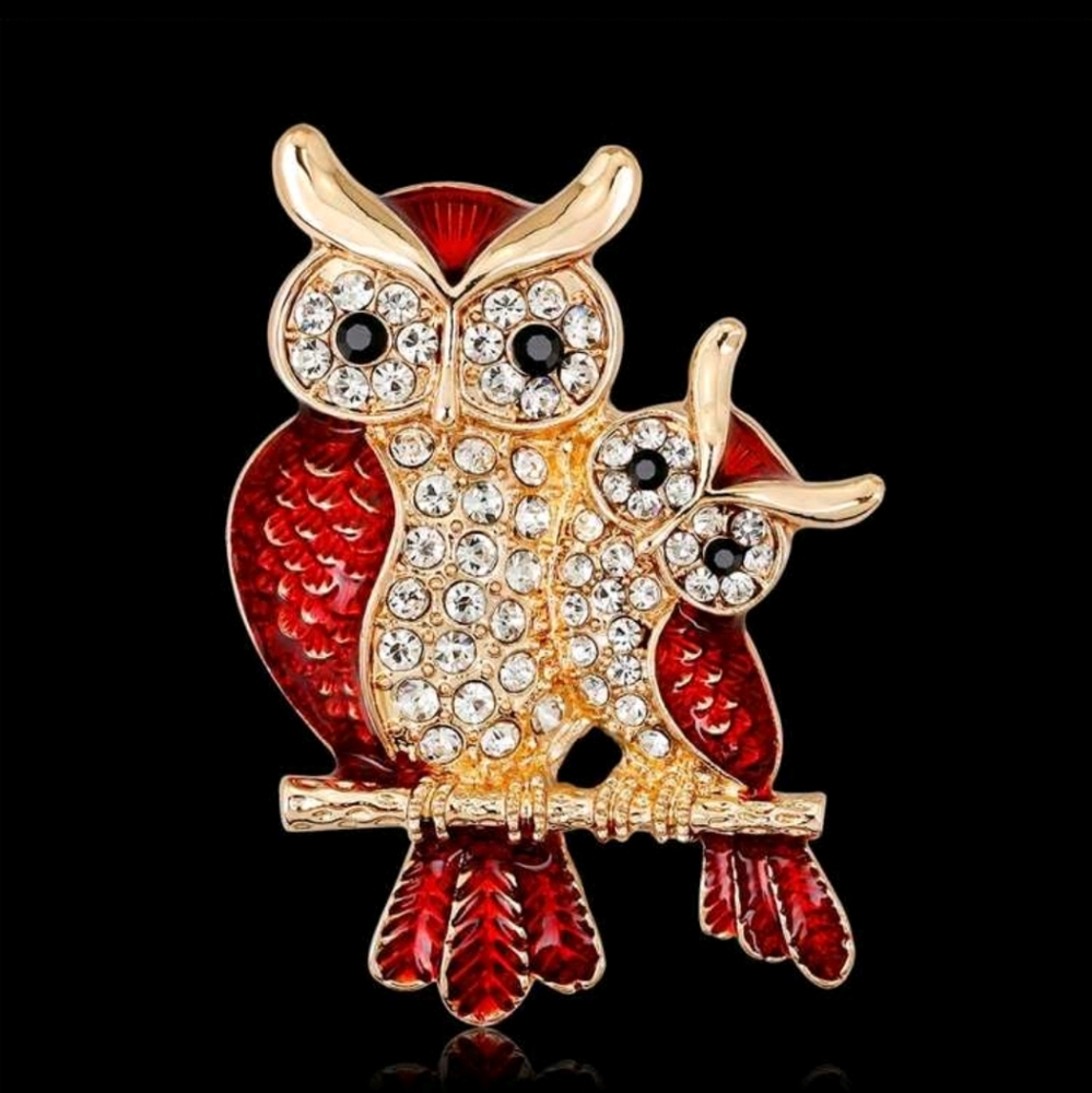 Red & Gold Owl Brooch with Crystals